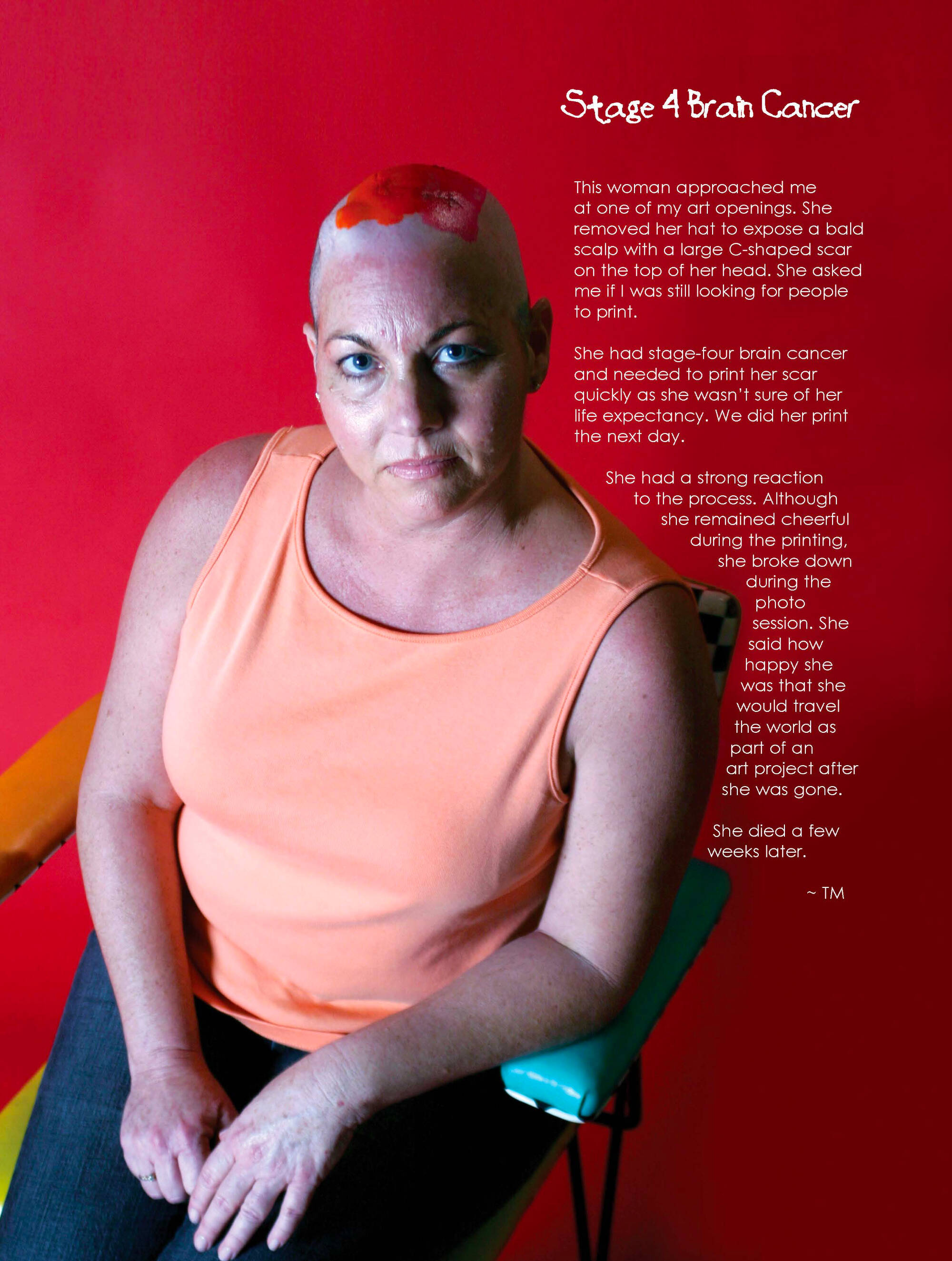Photograph of a woman sitting in a chair, red paint on her head. Behind her says "Stage 4 Brain Cancer."